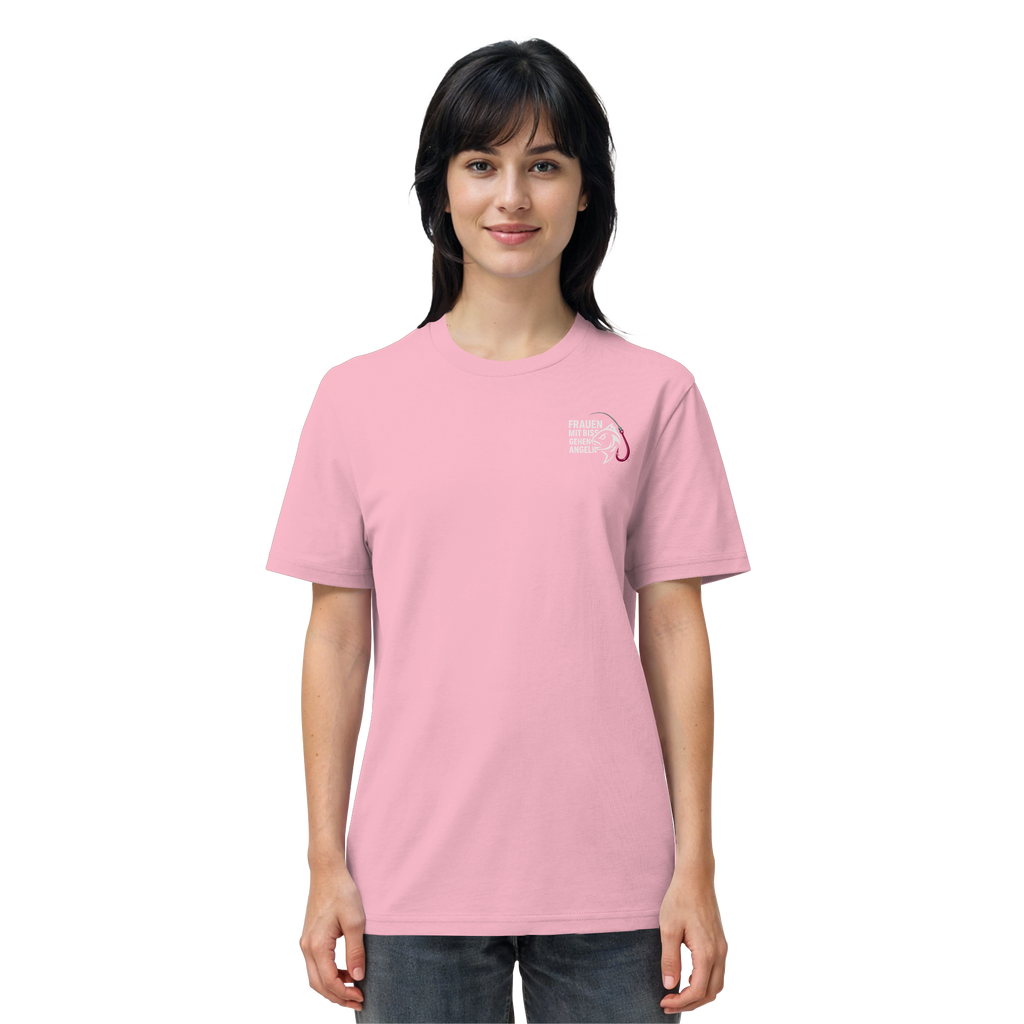 T-Shirt für starke Frauen "Frauen mit Biss, gehen angeln" Vorne/hinten Druck  - Organic Shirt