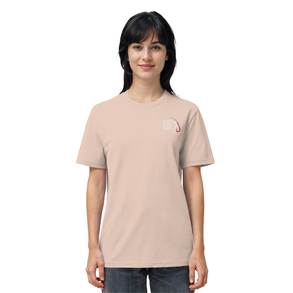 T-Shirt für starke Frauen "Frauen mit Biss, gehen angeln" Vorne/hinten Druck  - Organic Shirt