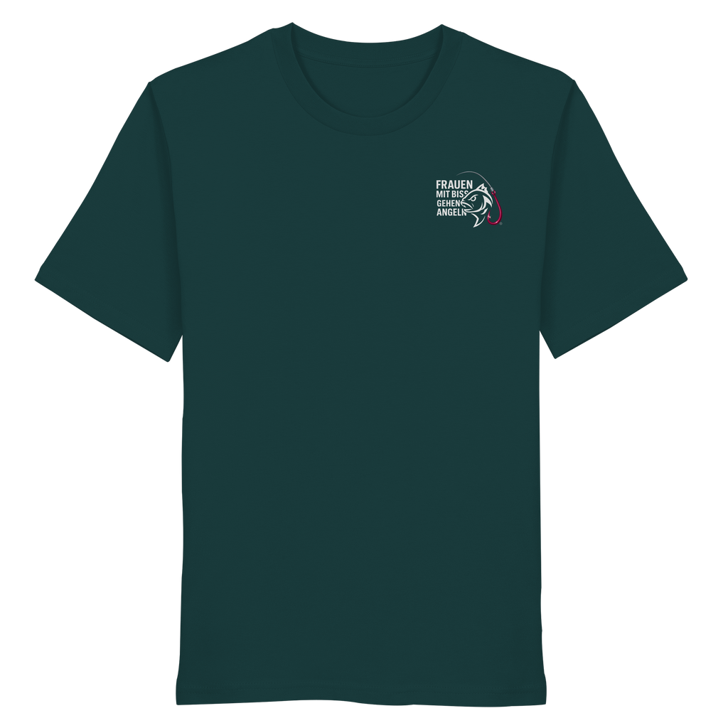 T-Shirt für starke Frauen "Frauen mit Biss, gehen angeln" Vorne/hinten Druck  - Organic Shirt