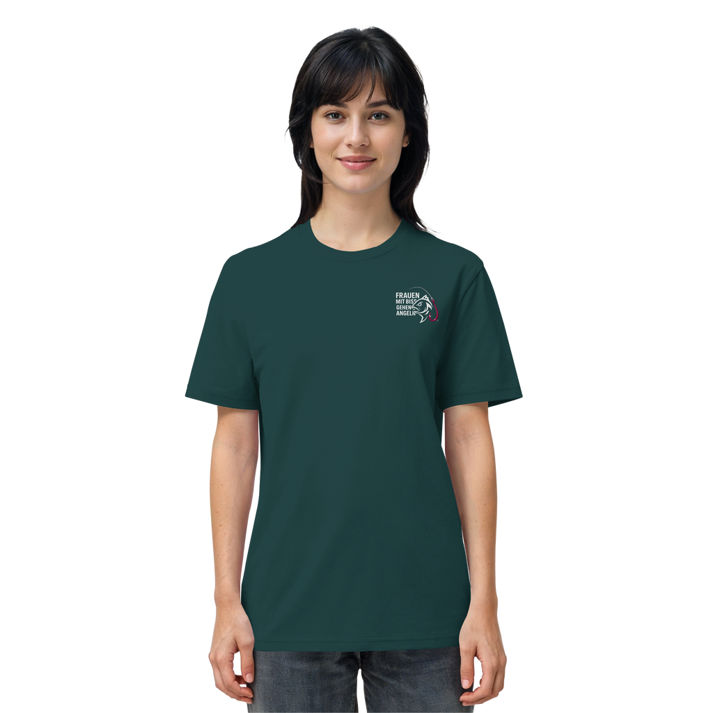 T-Shirt für starke Frauen "Frauen mit Biss, gehen angeln" Vorne/hinten Druck  - Organic Shirt