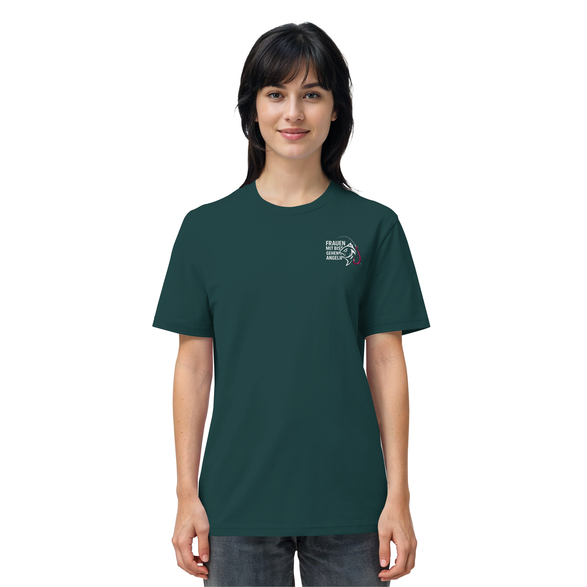 T-Shirt für starke Frauen "Frauen mit Biss, gehen angeln" Vorne/hinten Druck  - Organic Shirt