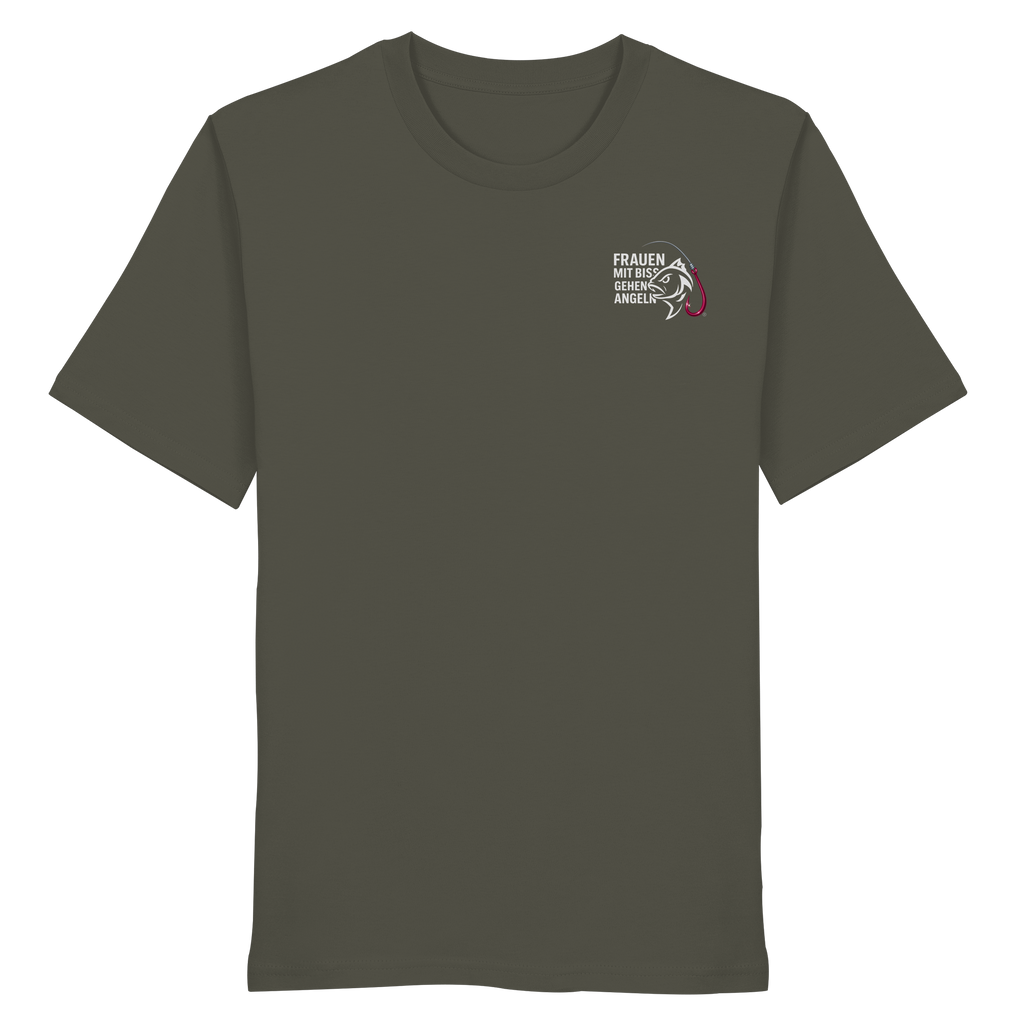 T-Shirt für starke Frauen "Frauen mit Biss, gehen angeln" Vorne/hinten Druck  - Organic Shirt