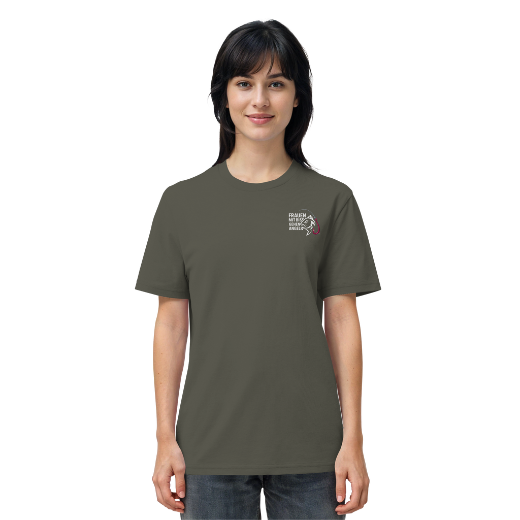 T-Shirt für starke Frauen "Frauen mit Biss, gehen angeln" Vorne/hinten Druck  - Organic Shirt