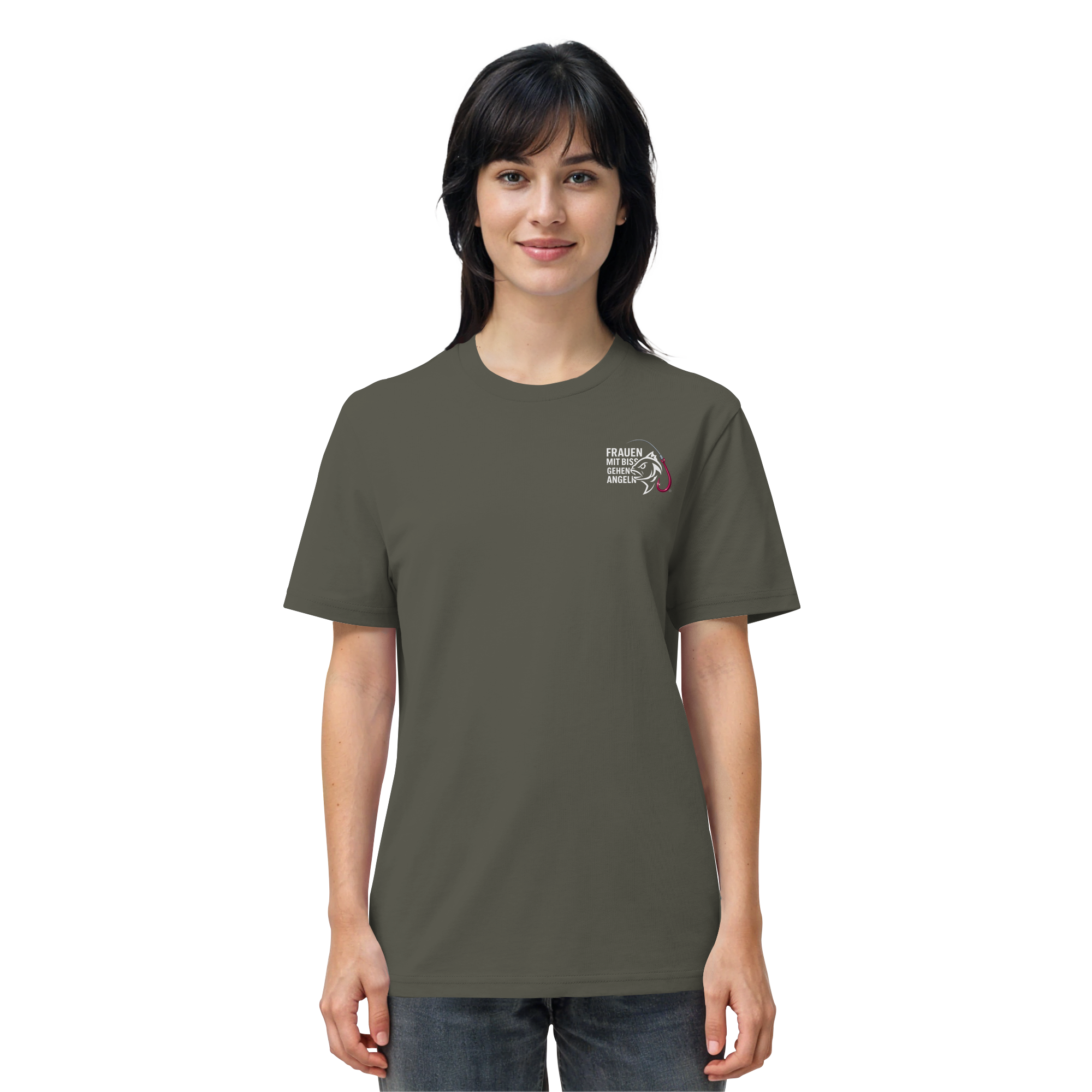 T-Shirt für starke Frauen "Frauen mit Biss, gehen angeln" Vorne/hinten Druck  - Organic Shirt