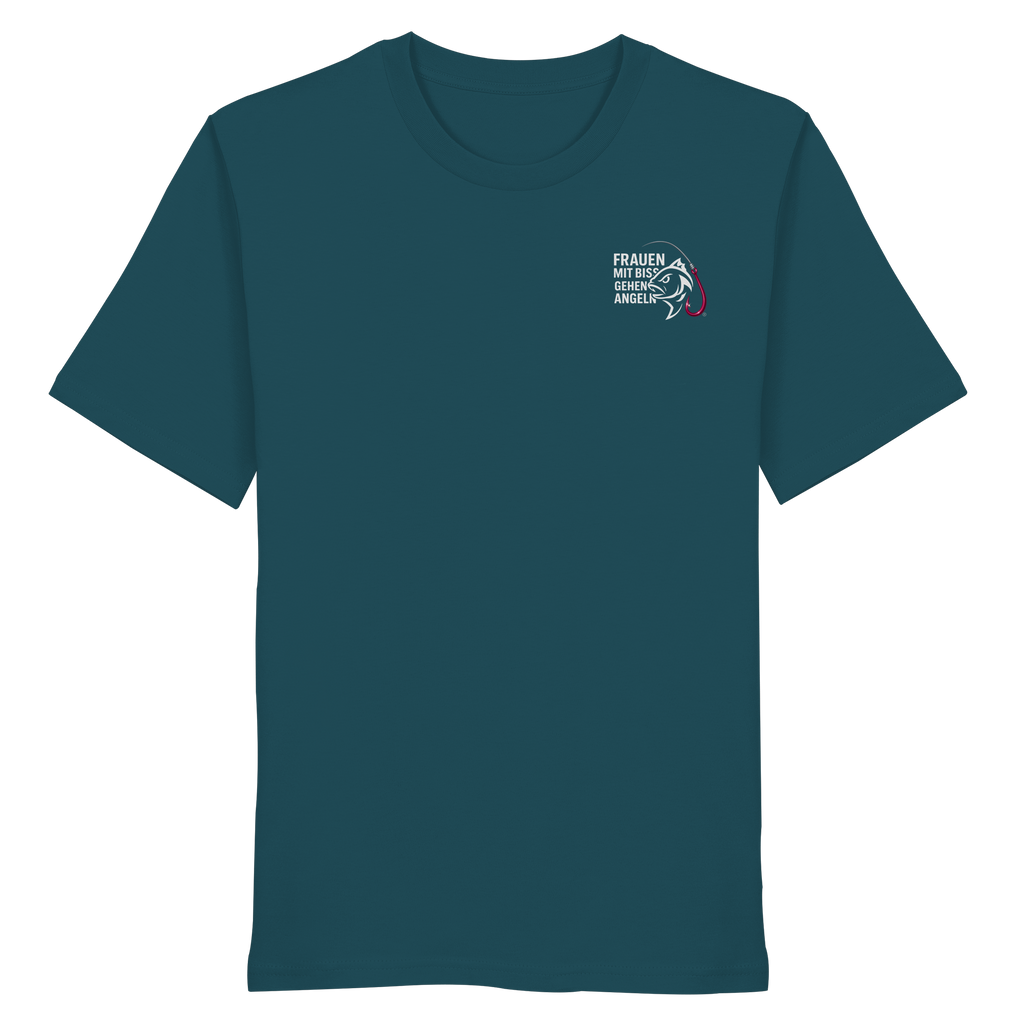 T-Shirt für starke Frauen "Frauen mit Biss, gehen angeln" Vorne/hinten Druck  - Organic Shirt