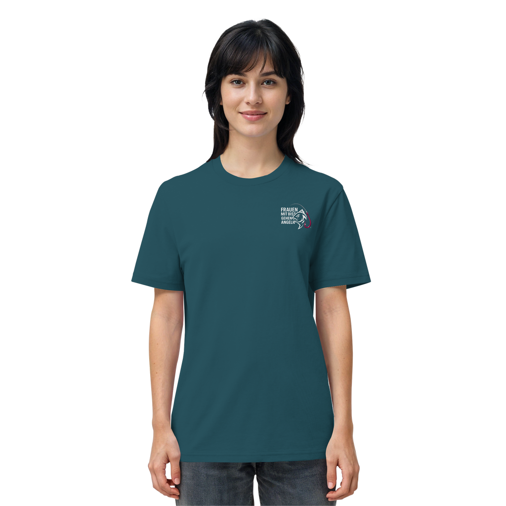 T-Shirt für starke Frauen "Frauen mit Biss, gehen angeln" Vorne/hinten Druck  - Organic Shirt