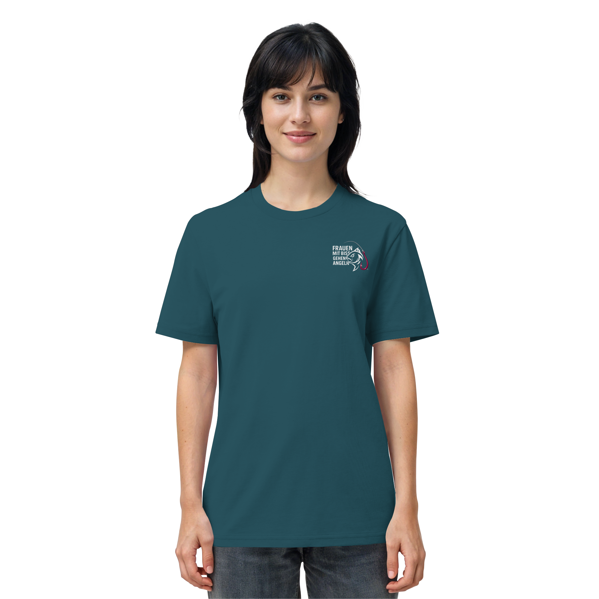 T-Shirt für starke Frauen "Frauen mit Biss, gehen angeln" Vorne/hinten Druck  - Organic Shirt