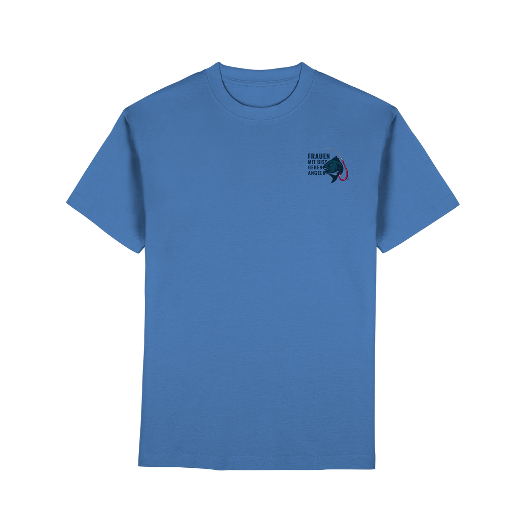 T-Shirt für starke Frauen "Frauen mit Biss, gehen angeln" Vorne/hinten Druck - Premium Classic T-Shirt