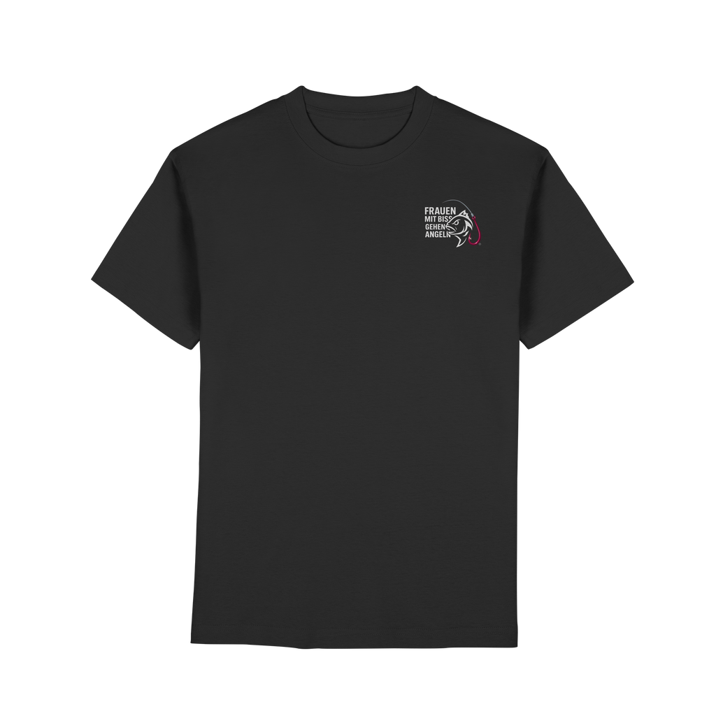 T-Shirt für starke Frauen "Frauen mit Biss, gehen angeln" Vorne/hinten Druck  - Premium Classic T-Shirt