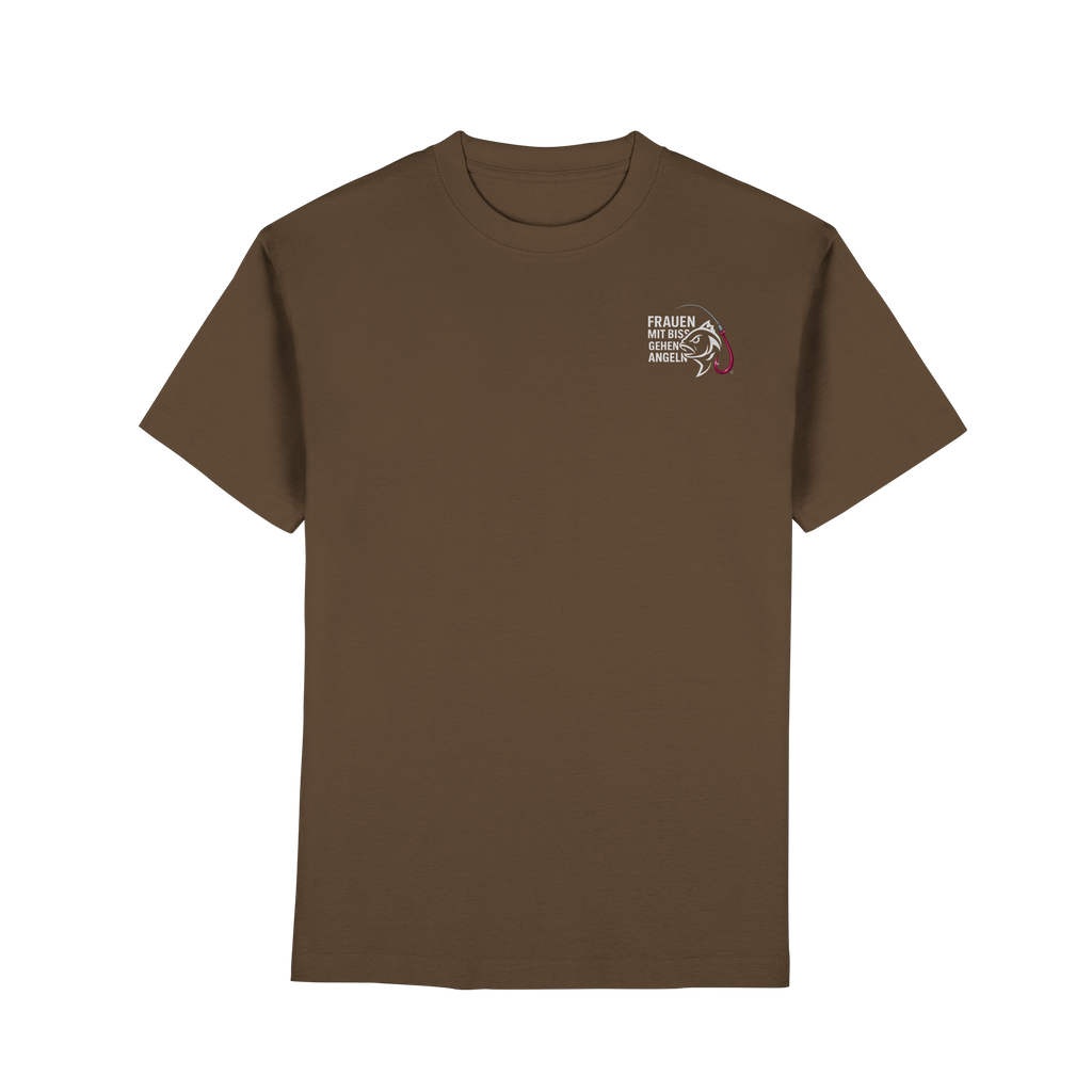 T-Shirt für starke Frauen "Frauen mit Biss, gehen angeln" Vorne/hinten Druck  - Premium Classic T-Shirt