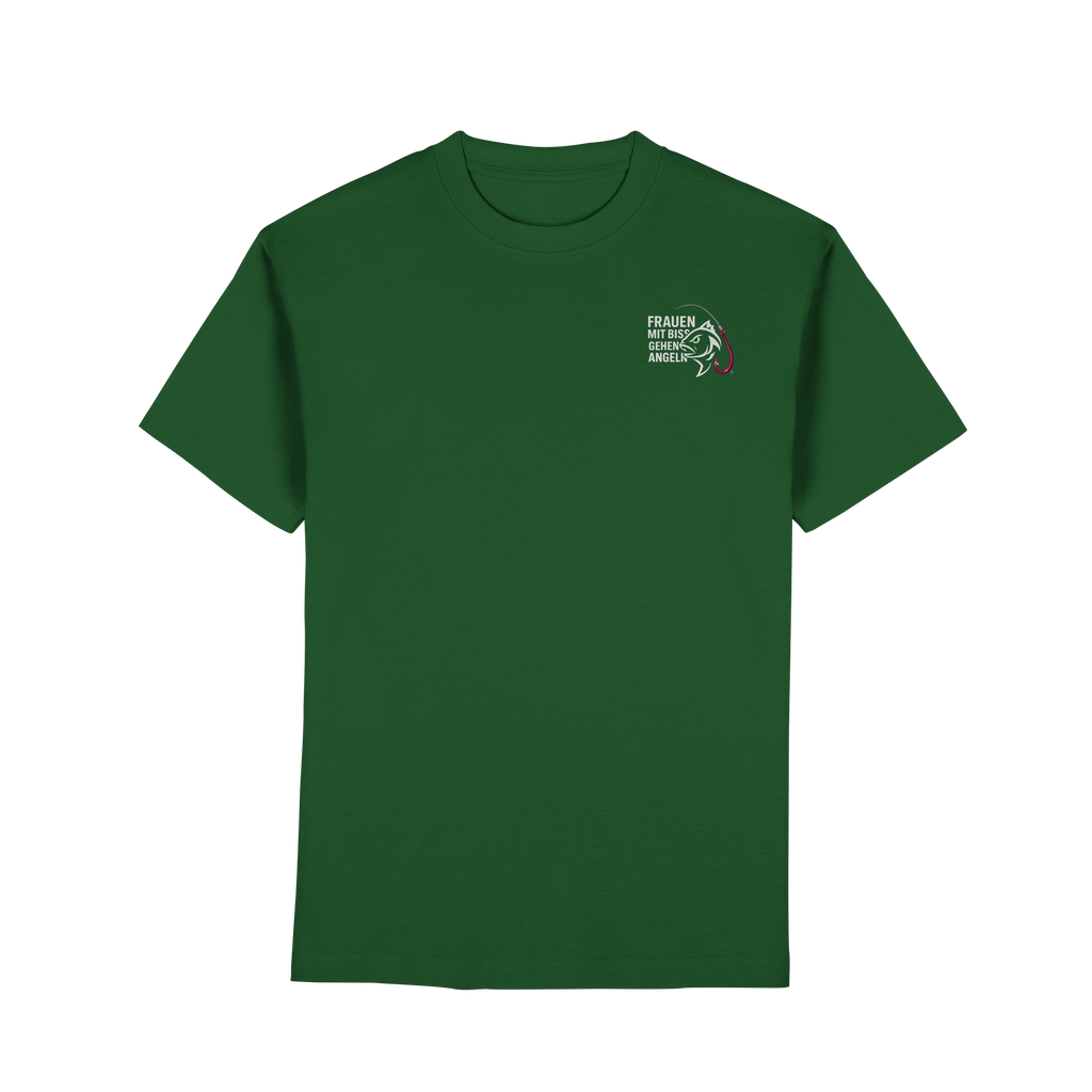 T-Shirt für starke Frauen "Frauen mit Biss, gehen angeln" Vorne/hinten Druck  - Premium Classic T-Shirt