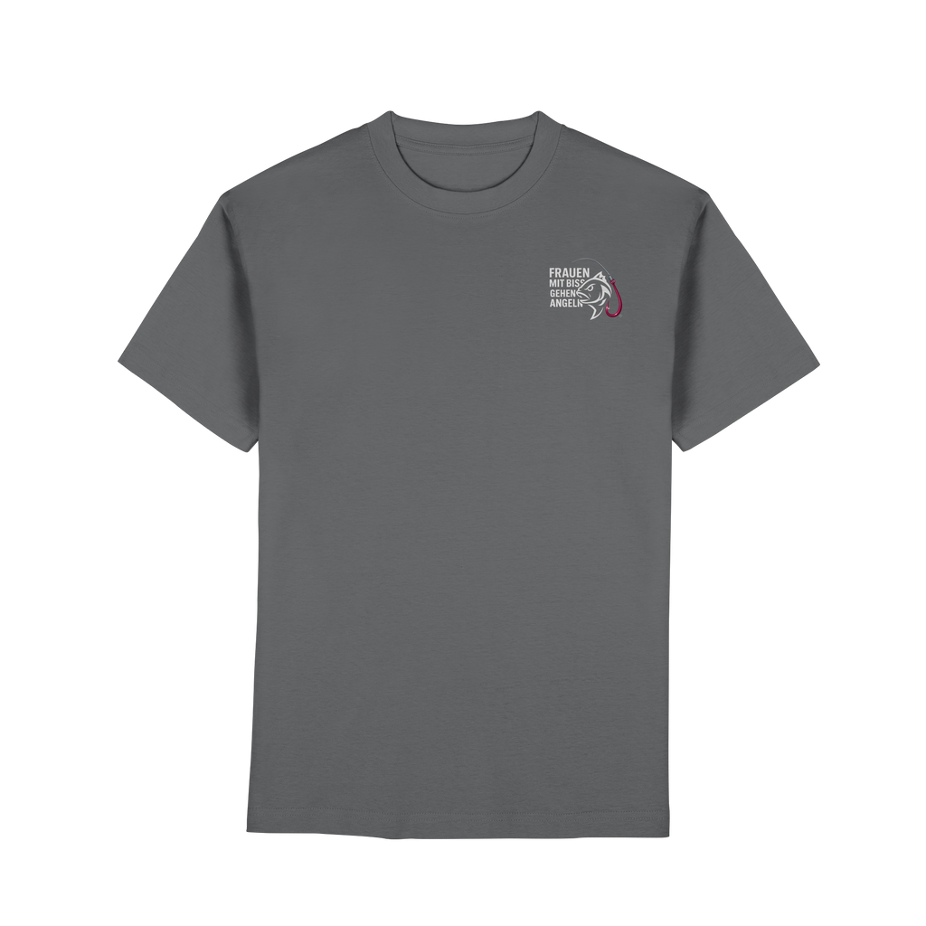 T-Shirt für starke Frauen "Frauen mit Biss, gehen angeln" Vorne/hinten Druck  - Premium Classic T-Shirt