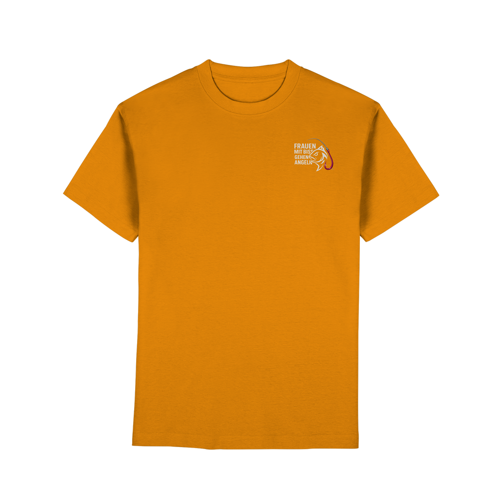 T-Shirt für starke Frauen "Frauen mit Biss, gehen angeln" Vorne/hinten Druck  - Premium Classic T-Shirt