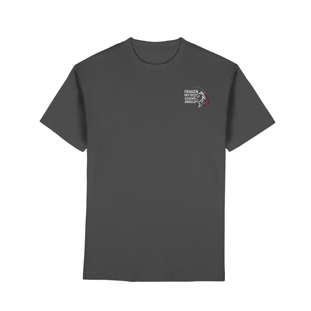 T-Shirt für starke Frauen "Frauen mit Biss, gehen angeln" Vorne/hinten Druck  - Premium Classic T-Shirt