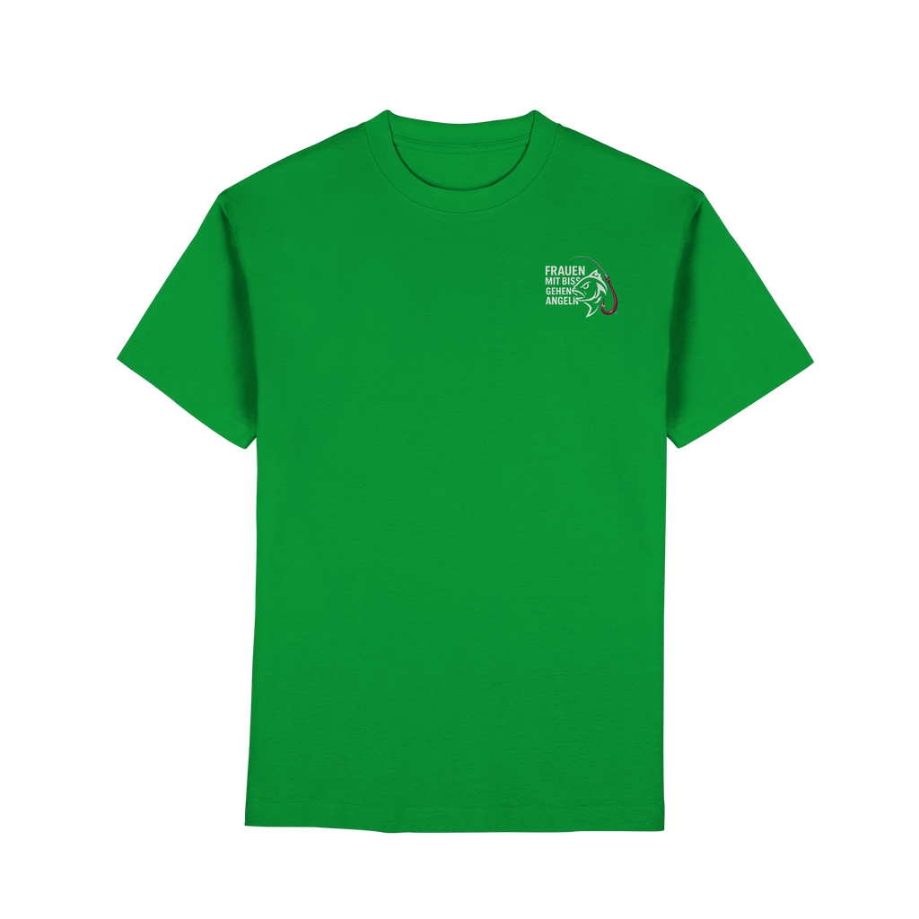 T-Shirt für starke Frauen "Frauen mit Biss, gehen angeln" Vorne/hinten Druck  - Premium Classic T-Shirt