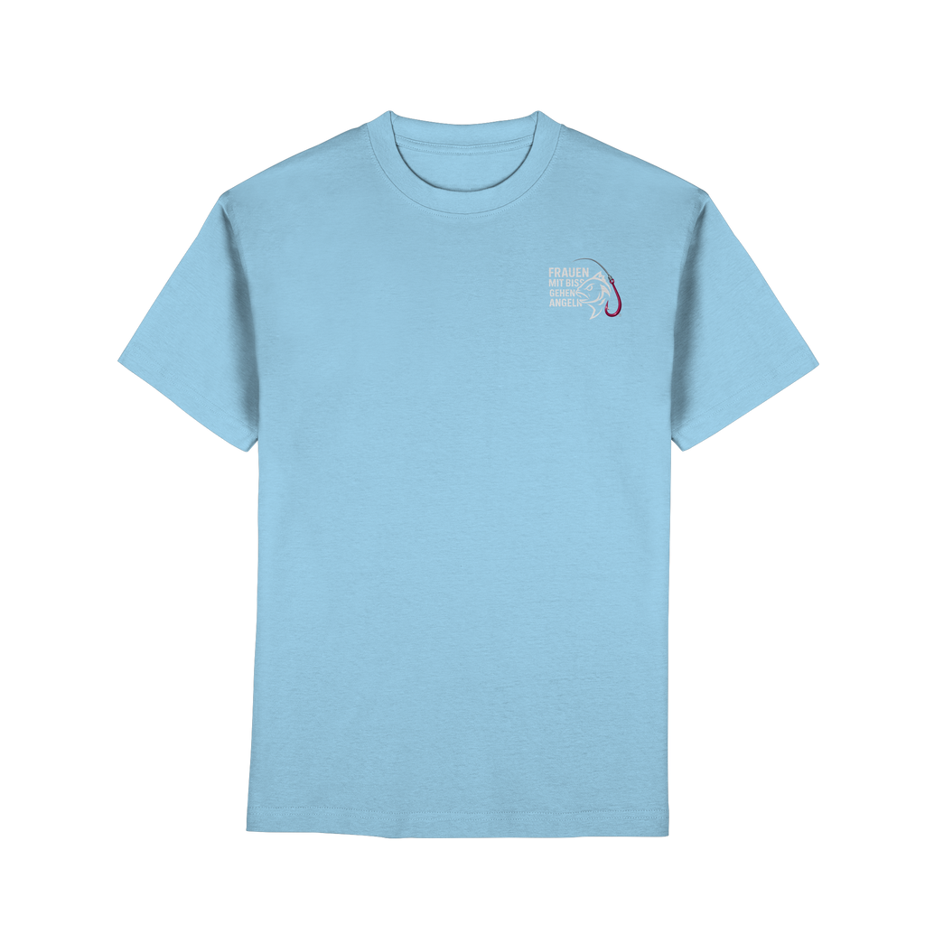 T-Shirt für starke Frauen "Frauen mit Biss, gehen angeln" Vorne/hinten Druck  - Premium Classic T-Shirt