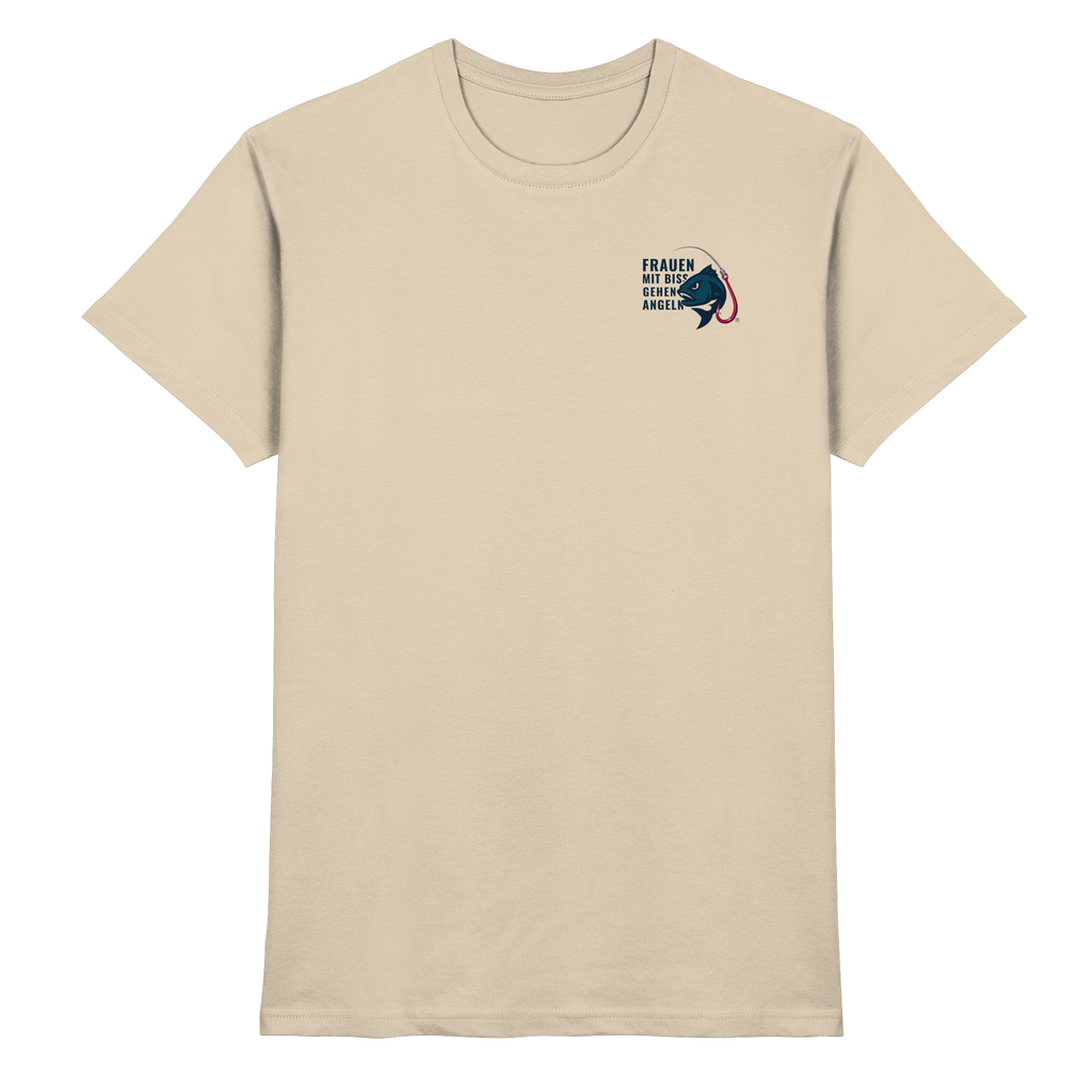 T-Shirt für starke Frauen "Frauen mit Biss, gehen angeln" Vorne/hinten Druck - Premium Shirt