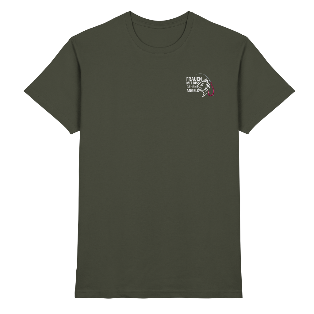 T-Shirt für starke Frauen "Frauen mit Biss, gehen angeln" Vorne/hinten Druck  - Premium Shirt