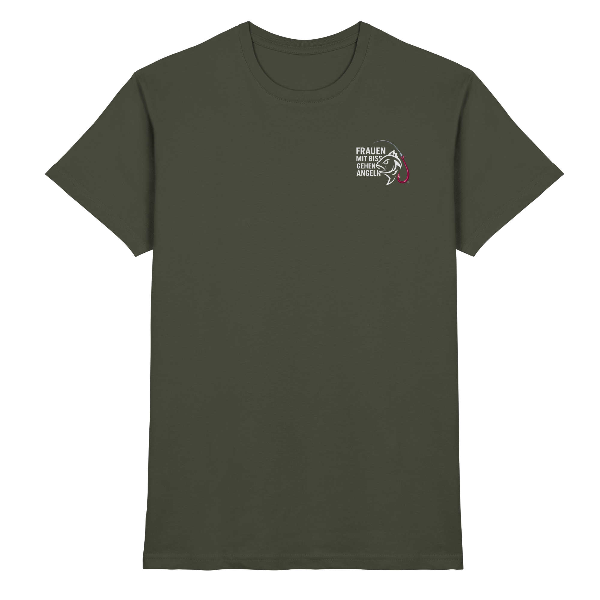 T-Shirt für starke Frauen "Frauen mit Biss, gehen angeln" Vorne/hinten Druck  - Premium Shirt
