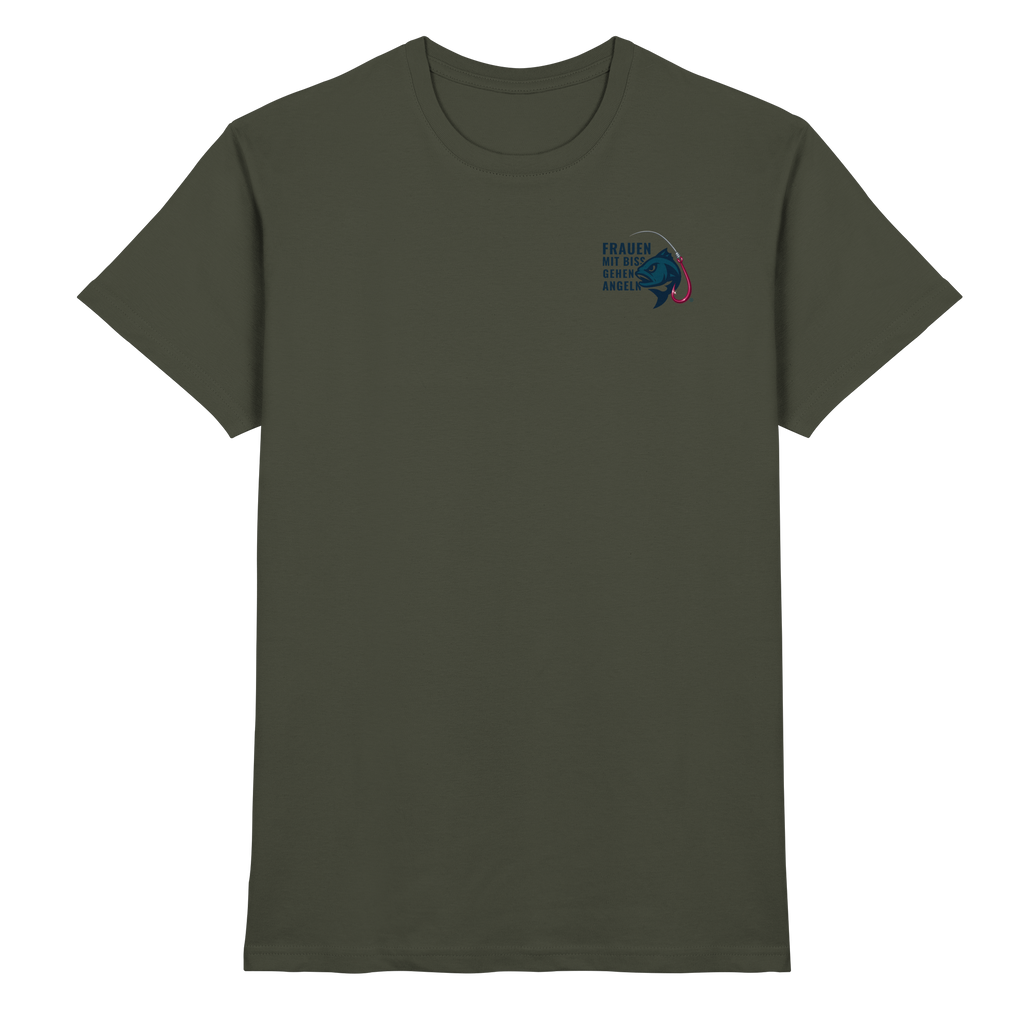 T-Shirt für starke Frauen "Frauen mit Biss, gehen angeln" Vorne/hinten Druck - Premium Shirt