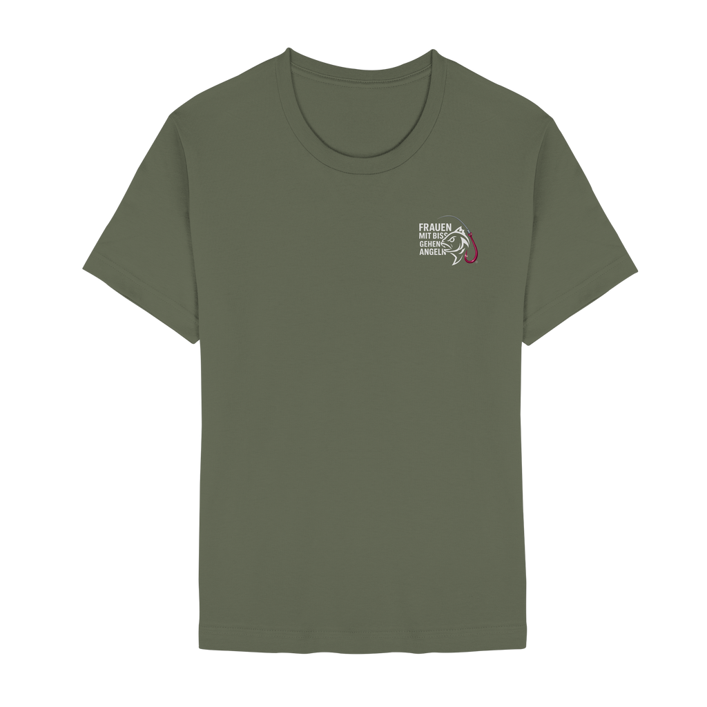 T-Shirt für starke Frauen "Frauen mit Biss, gehen angeln" Vorne/hinten Druck  - Unisex Essential Premium T-Shirt