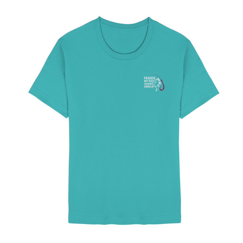 T-Shirt für starke Frauen "Frauen mit Biss, gehen angeln" Vorne/hinten Druck  - Unisex Essential Premium T-Shirt
